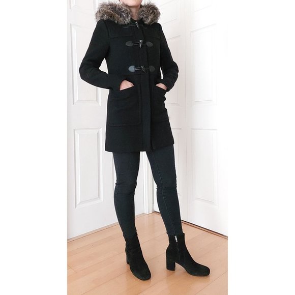 BCBG Black Hooded Wool Coat XS Detachable Realistic Faux Fur - Picture 2 of 14